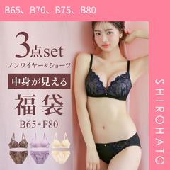 10％OFF【SHIROHATO公式】【正規品・新品】選べる2タイプ ノンワイヤー ブラジャー ショーツ 3点セット 刺繍レース＆ワントーンレース 福袋 アンダー80 下着 レディース(B65、B70、B75、B80)