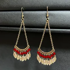 [90mm〜] インディアン ヒッピー ロング エスニックピアス（金色×ダークレッド）ジプシー ベリーダンス ET-032