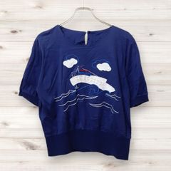 D0238 ヴィンテージ Vintage ブラウス 長袖 青 柄もの Uネック 綿/コットン