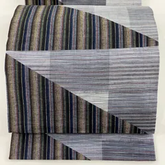 【美品】 袋帯 優品 幾何学 縞 切り嵌め 灰色 全通 正絹 【中古】