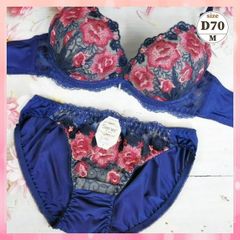 ★D70/M☆美胸ブラ＆ショーツセット ダブルパッド 盛胸 谷間メイク ダイナミックローズ 青