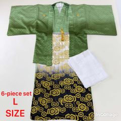 紋付袴 6点セット 着物 羽織 袴 長襦袢 羽織紐 角帯 裄71cm 袴丈88cm L 緑 五つ紋 中古 4509