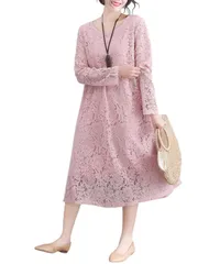 [グリーンパキラ] 在庫限り 総レース ロングワンピース 長袖 ゆったり 体型カバー レースワンピース レディース きれいめ ワンピース お洒落ワンピース Aライン 春 夏 秋 40代 50代 60代 7色 (M, ピンク) [ピンク] [M]