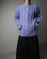 Ireland made merino wool fisherman aran knit sweater blue lavender アイルランド製 メリノウール フィッシャーマン ニット アランニット チャンキー セーター ラベンダーカラー L