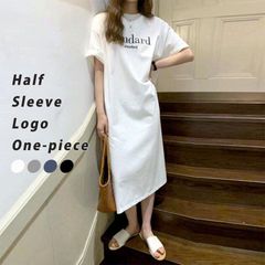 シャツワンピース ワンピース レディース 半袖 春 夏 黒 白 Tシャツ ロゴ プリント ひざ丈 ロング xzxiaoyun439