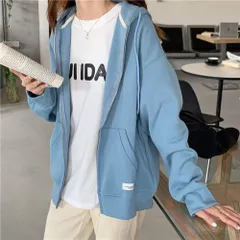 ☆ ブルー ☆ ジップアップパーカー フード付き パーカー レディース 前開き ジップアップパーカー フーディー フーディ ゆったり オーバーサイズ 薄手 部屋着 羽織もの はおりもの おしゃれ シンプル 無地 オシャレ 冷房対策 春 夏 秋 冬