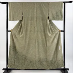 小紋 身丈156.5cm 裄丈62.5cm S 袷 落款 葉柄 幾何学模様 ぼかし 灰緑 正絹 美品 秀品 【中古】