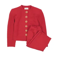 イヴサンローラン YVES SAINT LAURENT セットアップ ノーカラー ニットジャケット カーディガン 長袖 肩パッド 膝丈スカート ウール ストレッチ 赤 レッド M レディース のサムネイル