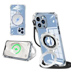 iPhone 13 Pro Max 用 ケース クリア MagSafe対応 リング付き ネック ショルダー アイフォン13プロマックス 縄掛けケース 透明 肩掛け 斜めかけ 韓国 可愛い 縄掛け カバー 丸型スタンド付き マグネット搭載 縦横両対応 耐衝撃 1