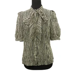 良品 Paul Smith Black Label ブラックレーベルポールスミス バンドカラー シャツ ブラウス ストライプ フリル シルク混 40 ブラック レディース 古着 中古 USED