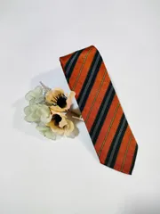 【高級正絹ネクタイ】格子柄紬(ストライプ)オレンジ・黒系（送料・ラッピング無料）