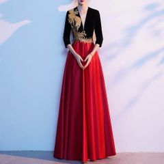 カラードレス 演奏会 赤  ロングドレス  七分袖 Vネック ゴールド刺繍 華やか コンサート 披露宴 パーティードレス 発表会 ウェディングカラードレス 二次会 サテンドレス 結婚式 ステージ衣装 0852