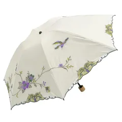 [シノワズリーモダン]日傘 花紀行 折りたたみ １級遮光 遮熱 UVカット 3段折りたたみ日傘 晴雨兼用傘 軽量 花鳥 刺繍 (ホワイト)
