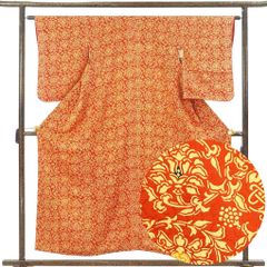 小紋 身丈155cm 裄63cm 前幅23cm 後幅28cm 袖丈56cm 袖幅32.5cm レディース 袷 抽象柄 裄Mサイズ 秋冬春用 正絹（シルク）オレンジ 美品 リメイク リユース リサイクル【呉服のきくや】