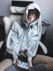 ★うさ耳フード付きパーカー★　うさ耳　うさぎ　可愛い　サブカル　服　秋　春　フード付き　ジャージ　パーカー　地雷系　量産型　ロリータ　渋谷　病みかわ　ゴスロリ　推し活　10代　20代　フード　スチームパンク　パンク　ロック　アンティーク