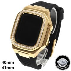 モアサナイト アップルウォッチケース 40mm/41mm 44mm/45mm シリーズ4/5/6 7/8/9 モアサナイトベゼル ラバーバンド カスタムバックル ゴールド ステンレススチール ラグジュアリー プレゼント メンズ