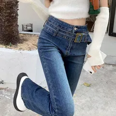 ボトムス セミフレアデニムパンツ ジーンズ ベルボトム ハイウエスト ベルト付き