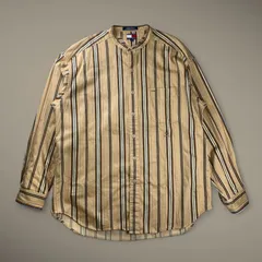 90s OLD TOMMY HILFIGER トミーヒルフィガー / ストライプ  ビッグシルエットシャツ ノーカラー バンドカラー エンブレム  SIZE：L（XXL程度）