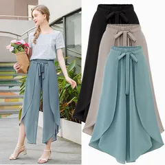 ひらひら揺れるレイヤードデザイン 七分丈シフォンガウチョパンツ スカーチョ ワイドパンツ フレアパンツ シフォンパンツ スカンツふんわり 柔らか きれいめ ゆったり 涼しい 無地 7丈 薄手 春夏 レディースouqie10