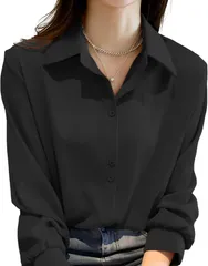 OZBERLI シャツ ブラウス レディース 長袖 シフォン オフィス カジュアル 大人 通勤 シンプル 無地 ボタン 襟 薄手 速乾 ゆったり シャツブラウス 透けない 春 トップス シフォンブラウス セミ フォーマル(ブラック,  L)