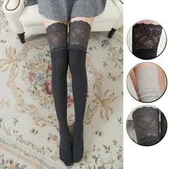 6CLAN001ニーハイソックス レース ストッキング　ハイソックス リブ編み