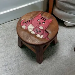 スツール 木製 ピンクの親子ネコ 猫 ねこ 花台 足踏み台 お子様用イス 椅子 丸椅子 チェアー インテリア かわいい stool-pinkunooyakoneko