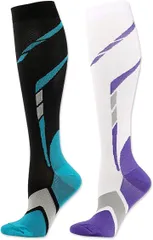 bubu o_hana(ブブ オーハナ) ハイソックス 2足 組み セット スポーツ 着圧 通気 吸汗 速乾 伸縮(ホワイト/ブラック,  24.5-26.0 cm)