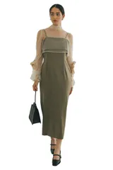 [MORE AUNI] 結婚式 ドレス レディース パーティ ワンピース チュールボレロ コクーンドレス 結婚式およばれワンピース レース 五分袖 パーティードレス 1.5次会 2次会 披露宴 お呼ばれ 食事会 発表会 3 [カーキ / 324237] [S]