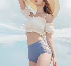 【送料無料】韓国 タンキニ オフショルダー フリル ハイウエスト