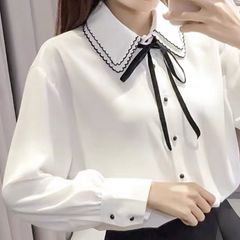【新品】レディース ボウタイ ブラウス ホワイト バイカラー大きいサイズ  S M L XL レトロガーリー♡ダブルカラーボウタイシフォンブラウス　A0876