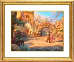 ディズニー/トーマス キンケード「塔の上のラプンツェル/ダンシング イン ザ サンライト コートヤード」額縁2種選択可 作品証明書 展示用フック付アートプリントポスター 発送目安15〜20営業日