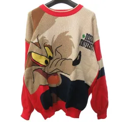 カステルバジャック CASTELBAJAC × ワーナーブラザーズ コラボ 美品 90's ニット セーター ルーニーテューンズ コヨーテ コットン シルク混 赤 紺 レッド ネイビー ベージュ 48 約L 0214 IBO47