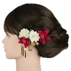 七五三 髪飾り 三歳 七歳 日本髪 花 2点セット ローズピンク ピンクマゼンタ 白 ゴールド つまみ細工 ビラ 平組紐 パッチン留 No.9-5392