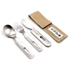 村の鍛冶屋　ステンレス キャンプカトラリー 3本セット ケース付 【MK-7663】＜燕三条製｜村の鍛冶屋＞ ナイフの中にスプーン・フォークが収納できてコンパクトなカトラリーセット！ 専用ケース付！