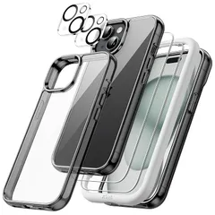 【新品】 JETech 5 in 1 iPhone 15 6.1インチ用 ケース 2枚強化ガラスフィルム+2枚カメラレンズフィルム付き 5枚セット 黄ばまない 耐衝撃バンパーカバー (ブラック)