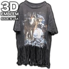 90's USA製 3D EMBLEM 狼プリント Tシャツ AOP XL フリンジ ウルフ オオカミ 3Dエンブレム  ビンテージ