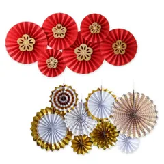 SALUDABLE ペーパーファン フラワー 飾り 装飾 和風 洋風 誕生日 縁日 お食い初め 敬老 (梅の花６個＋ゴールド８個)