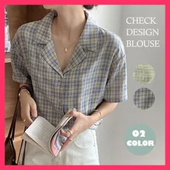 【スタッフおすすめ！】 バイカラーチェック柄シャツブラウス折り襟 半袖ジャケット春夏/大人女性開襟シャツ/ボタン付きVネック グレンチェック半袖 五分袖 大人カジュ おすすめ おしゃれ　かわいい　人気 21SHANGYI-051