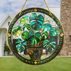 インテリア 雑貨 サンキャッチャー ステンドグラス風  20.32cm x 20.32cm 植物吊り下げ窓装飾 壁装飾 取り付け簡単 新築祝いギフト 誕生日プレゼント ギフト