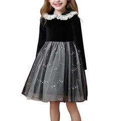 [Weileenice] 子供 ビロード ドレス  女の子 110 発表会 ワンピース 長袖 スパンコール ブラック フォーマル 結婚式 冬 秋 プリンセス フリル ハロウィン キッズ 子供服