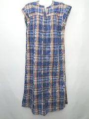 ◇ SHIPS any　チェック柄 フレンチスリーブ 膝下丈 シャツ　ワンピース サイズF ネイビー　ブラウン　マルチ レディース P  【1407100033225】