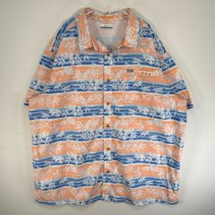 古着 コロンビア Columbia 半袖シャツ 大きいサイズ PFG フィッシングギア フィッシュパターン XXL  オレンジ系 総柄 メンズ