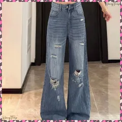 送料無料 ダメージデニムパンツ ワイドレッグデニム レディース ハイウエスト ロングパンツ ウォッシュ加工 ストレートパンツ 着やせ 韓国風ジーパン ゆったり ボトムス脚長 カジュアルジーンズ ユーズド加工デニム 体型カバー レトロ