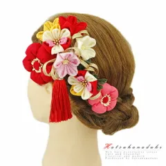 髪飾り 成人式 つまみ細工 赤 振袖 袴 浴衣 夏祭り 花火大会 3点セット ピンク 白 黄色 梅 ちりめん 房付き 組紐 ヘアアクセ か No.9-3340
