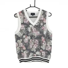 【美品】パーリーゲイツ ニットベスト ネイビー×ピンク×白 Vネック 花柄 レディース 1(M) ゴルフウェア PEARLY GATES