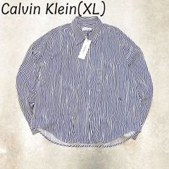 Calvin Klein カルバンクライン タグ付き コットン ポプリン 長袖 リラックス フィット シャツ (XL) 紺白 ストライプ CK 刺繍 LL