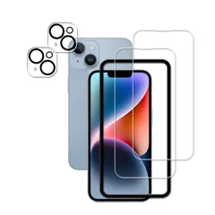 HKKAIS いphone14 ガラスフィルム【2+2 枚セット】 ガイド枠付き日本製硝子採用 iPhone14 ガラスフィルム アイフォン14 カメラフィルム 強化 ガラス 液晶画面 iphone 14 保護フィルム