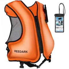 Color:オレンジ REEDARK ライフジャケット 膨張式 インフレータブルタイプ スマホ防水ケース付き 救命胴衣 釣り フローティングベスト シュノーケリングベスト 川遊び 海川 磯釣り マリンスポーツ 男女兼用(（FREEサイズ (オレンジ)