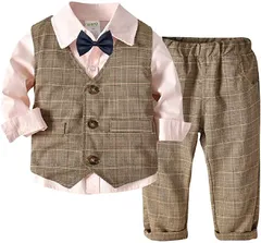 しあわせ倉庫 キッズ フォーマル 男の子 スーツ 4点セット おしゃれ 子供服 80cm(ブラウン+ピンク,  80)