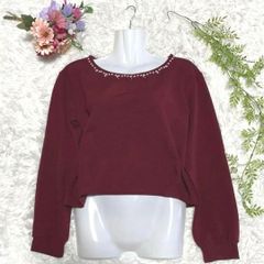 M NOBLE COTON ノーブル コトン ワインレッドトップス トレーナー ビジュー付き サイズM 首元のパールが華やかさを添える、大人可愛いボルドートップス♡ S563 a31